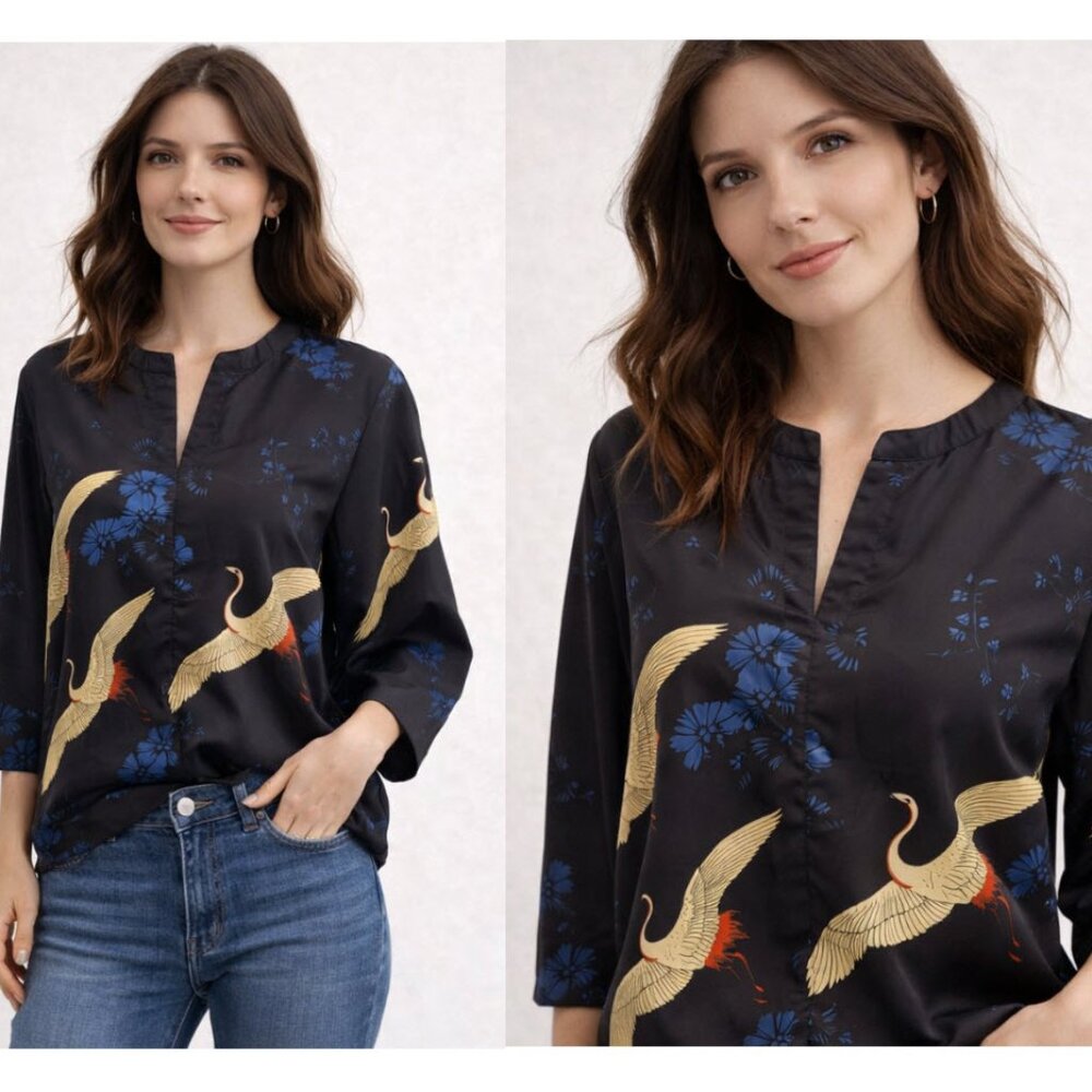 Black Kimono Top with Crane Design Size Medium Elegant & Artistic